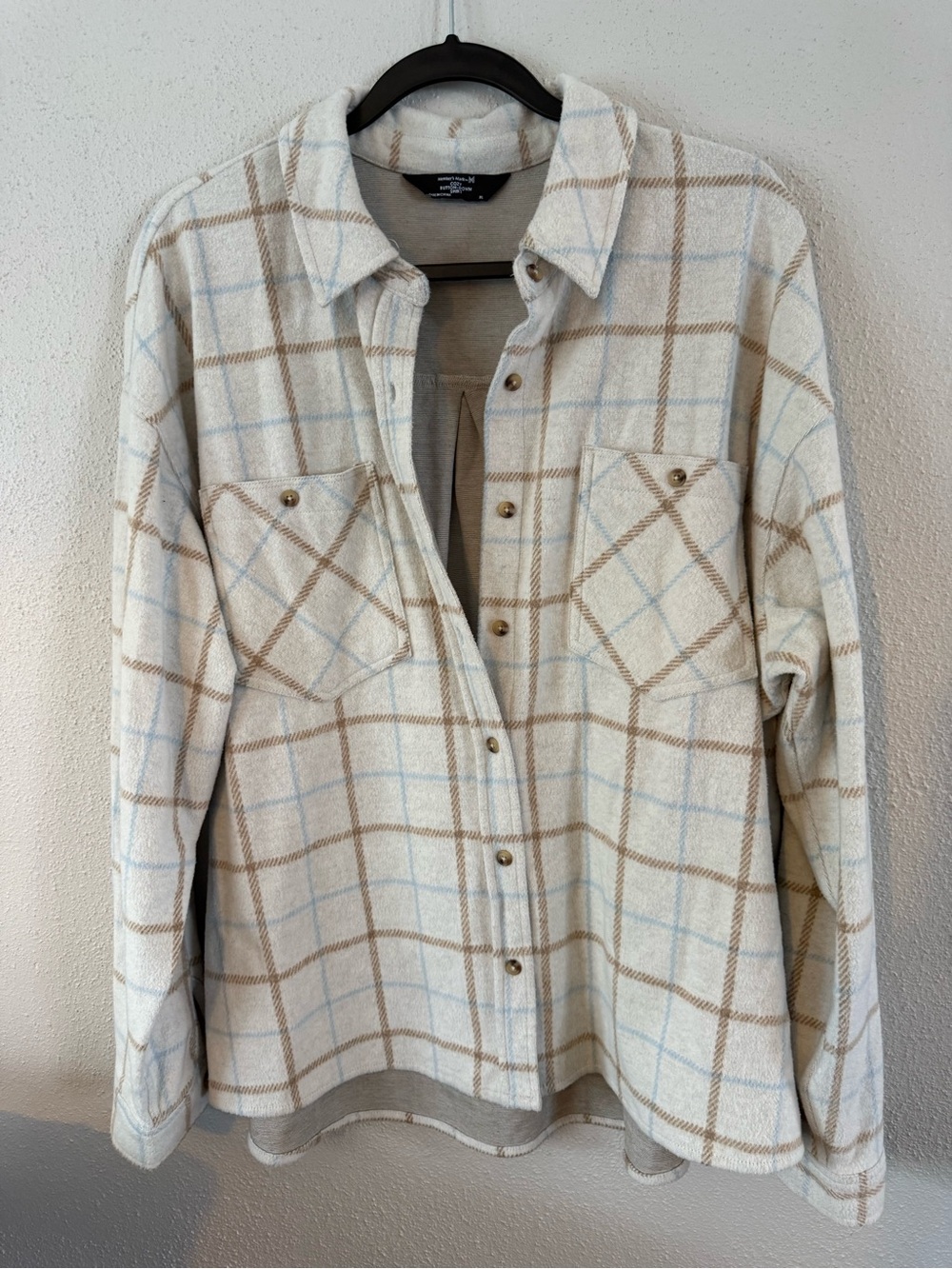 XL Members Mark Plaid Button-Front Shacket in Cream and Tan